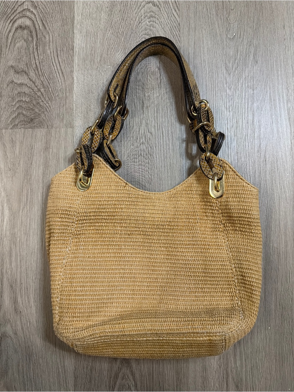 Michael Kors Woven Shoulder Tote with Chain-Link Snakeskin Straps - Tan - Picture 2 of 7